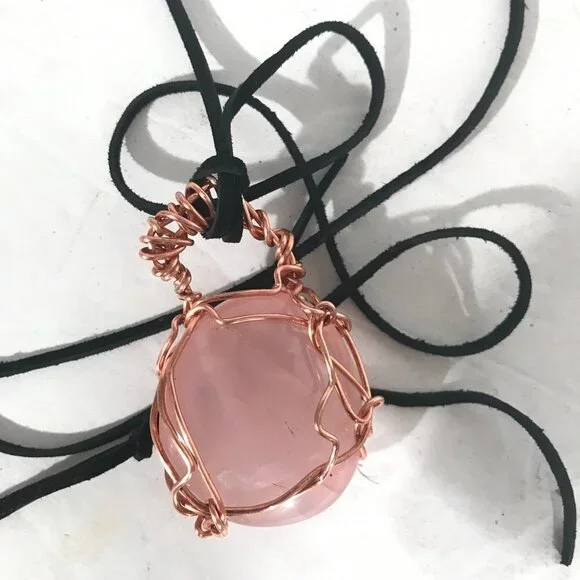 Rose Quartz Gemstone Solid Copper Pendant Unisex Genuine Leather Necklace Reiki